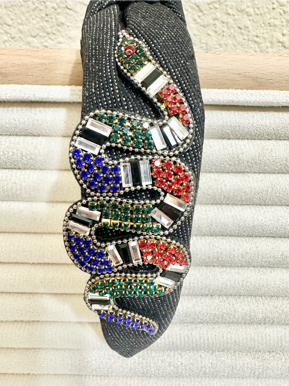 Handmade Black Denim Crystal-Embellished Multicolored Snake Headband